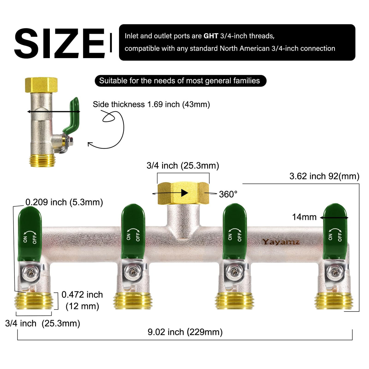 Yayamz brass nickel-plated manifold resists corrosion for long life.