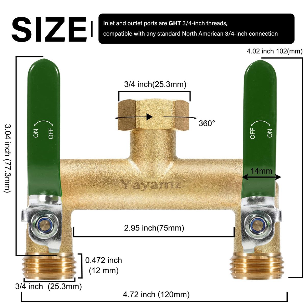 Yayamz brass diverter with vertical outlet supports durable outdoor connections.