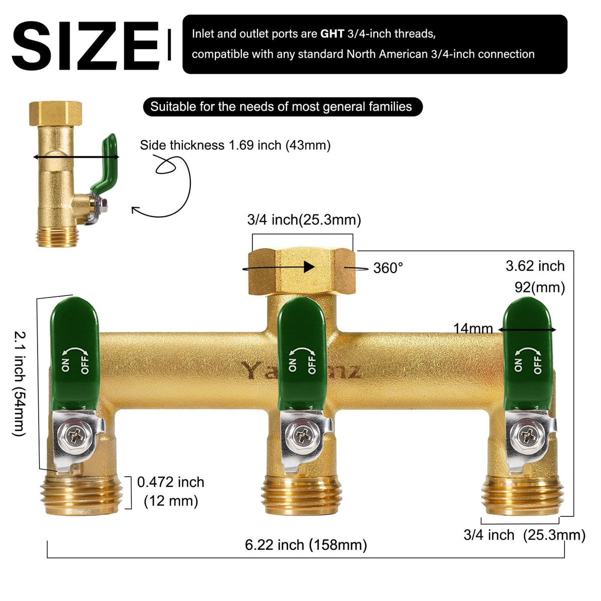 Yayamz diverter with 3-way valve for flexible irrigation setups.