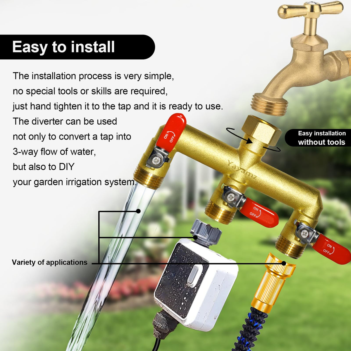 Yayamz hex-inlet design enables tool-free installation on standard spigots.