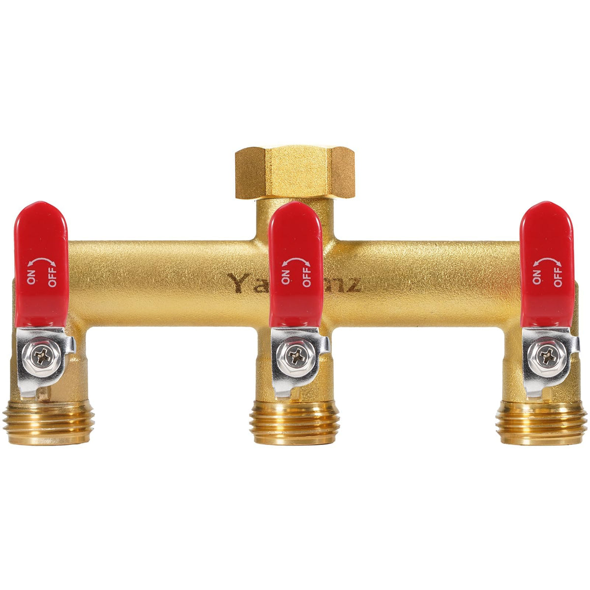 Yayamz garden hose splitter 3-way brass, enabling simultaneous watering from a single faucet.