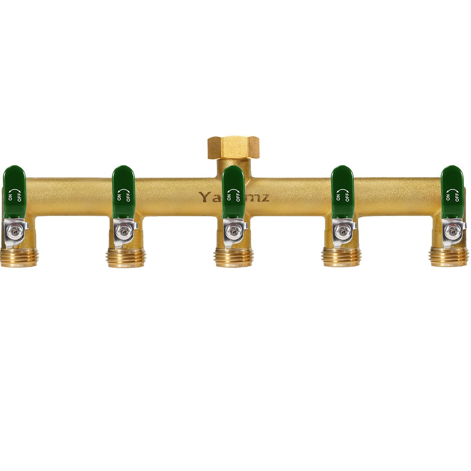 Yayamz garden hose splitter 5-way brass for versatile outdoor watering and multi-timer setups.