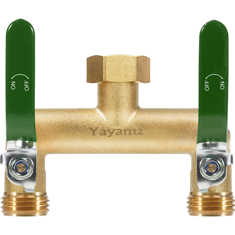 Yayamz garden hose splitter brass 2-way valve for versatile irrigation setups.
