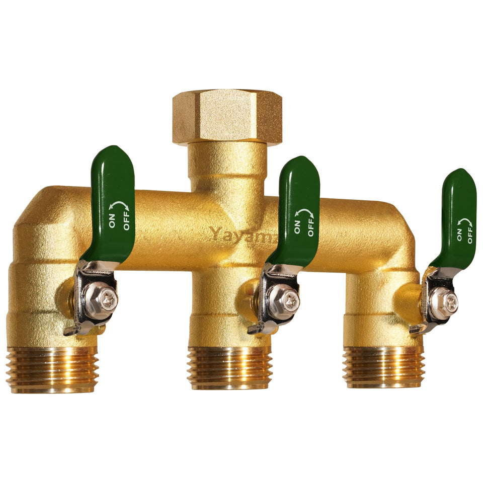 Yayamz heavy-duty brass garden hose divider front view showing expanded outlet spacing for multiple hoses