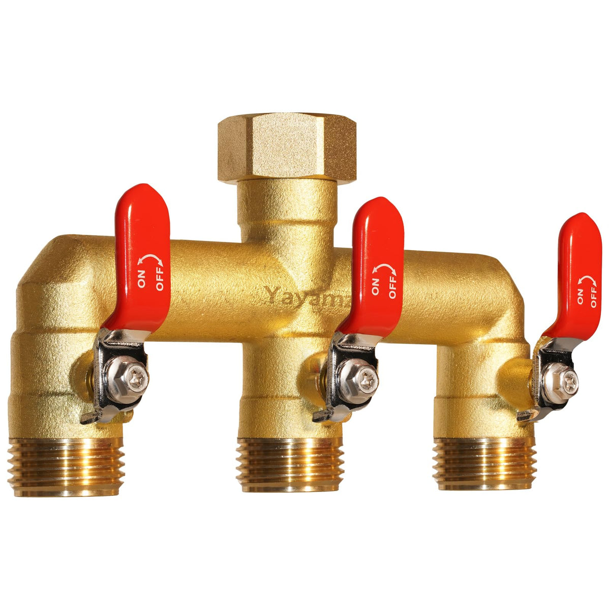 Yayamz heavy-duty brass hose splitter with three outlets for versatile watering tasks.