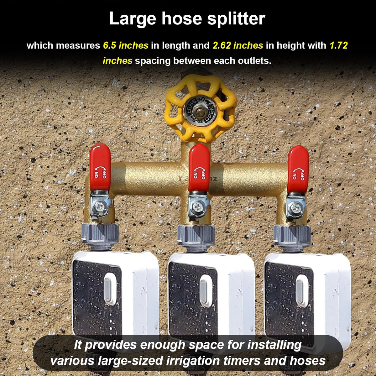 Yayamz wide spout spacing of 1.77 inches supports multiple timers and hoses.