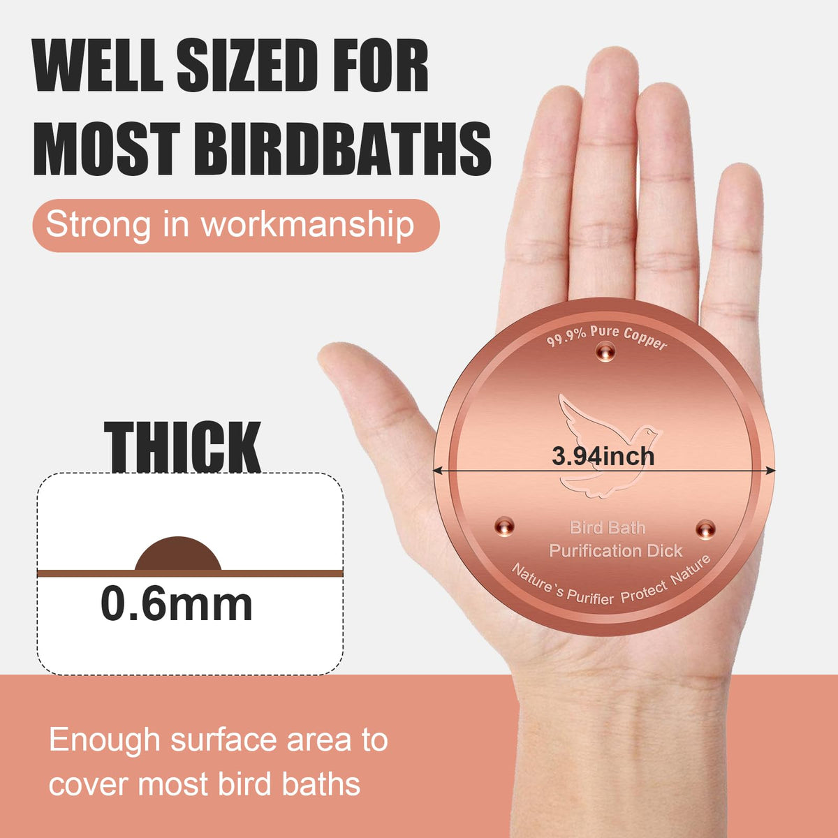 Yayiog birdbath disk side view shows durable copper construction for lasting use