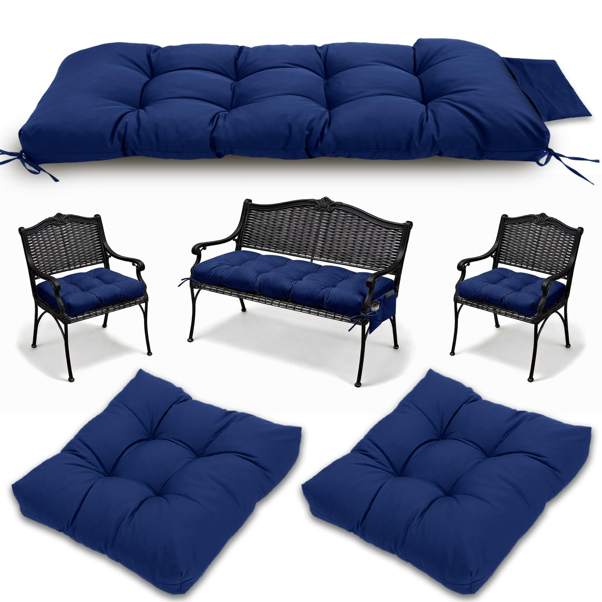 Yddsky 3pc wicker cushions on navy bench seat for outdoor comfort.