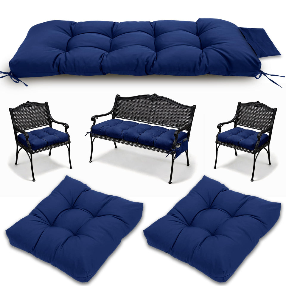 Yddsky 3pc wicker cushions on navy bench seat for outdoor comfort.