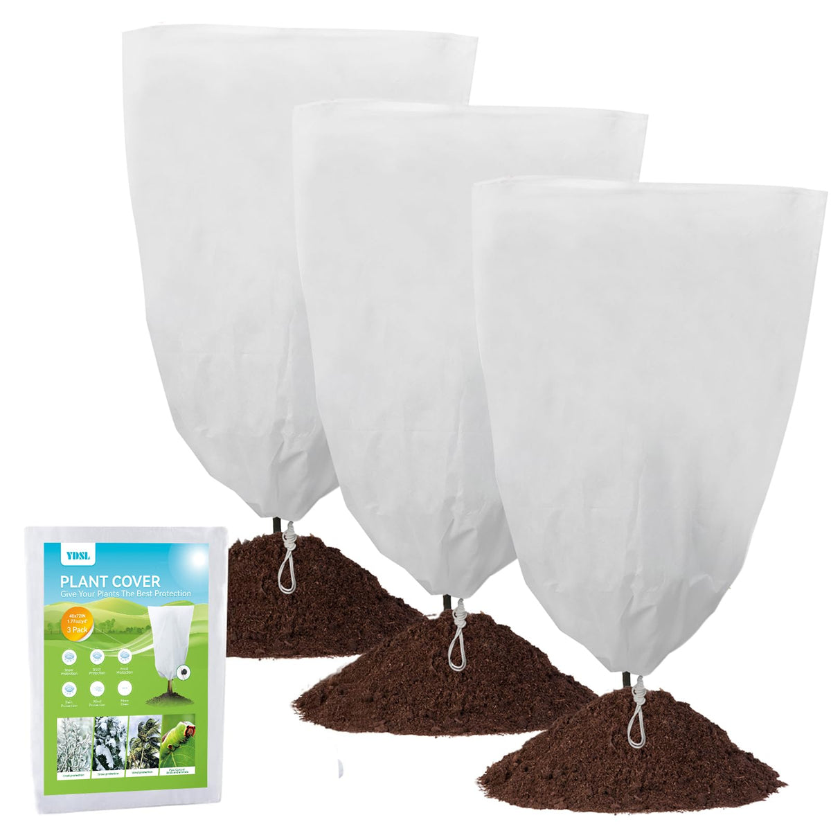 YDSL 3-pack plant covers in package highlight frost protection for outdoor plants.