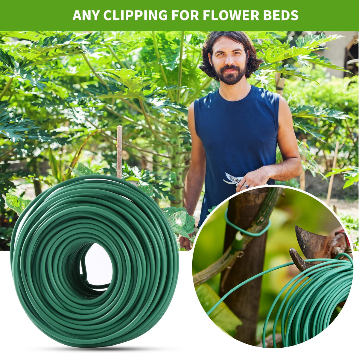 YDSL green TPR ties blend with foliage while holding vines unobtrusively.