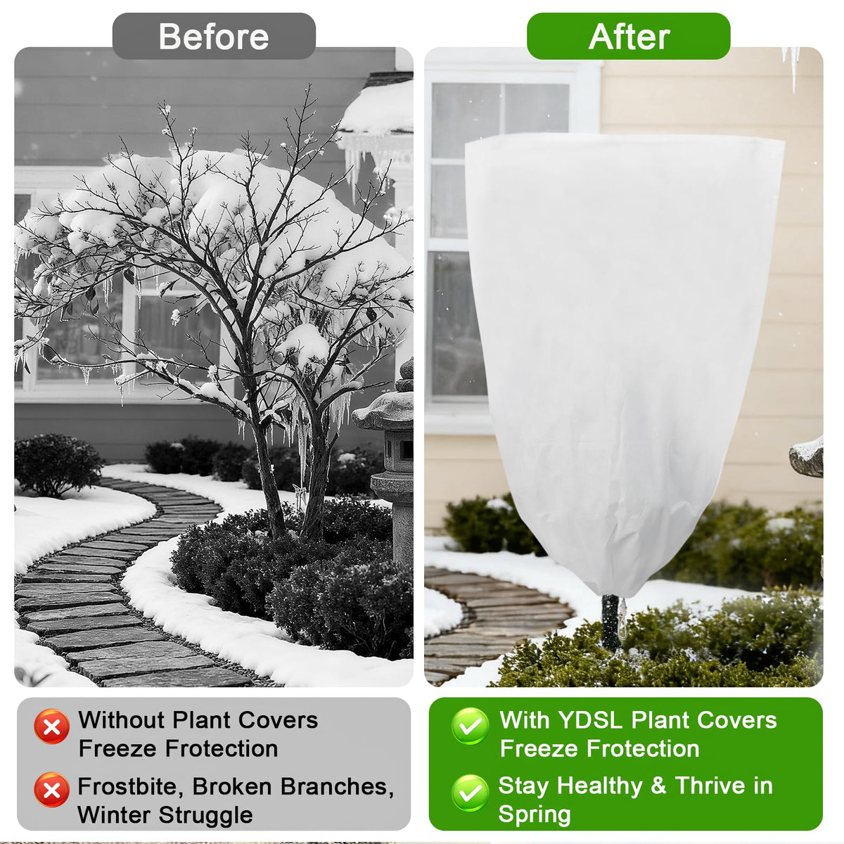 YDSL covers displayed in two sizes, 25x32 and 48x72, for various plants.