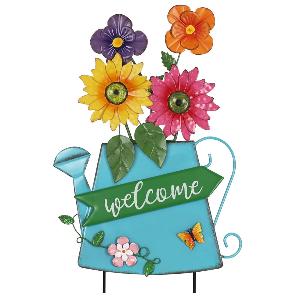 YEAHOME watering can stake with four flowers adds curb appeal to your yard.