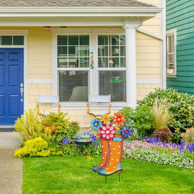 YEAHOME rain boot garden stake shows vibrant flowers and leaves