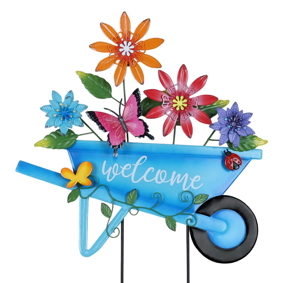YEAHOME wheelbarrow flowers butterflies welcome sign brightens outdoor spaces.