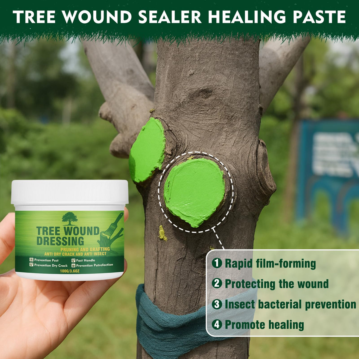 Yeardera fruit tree wound sealer in use to prevent sap and moisture loss.