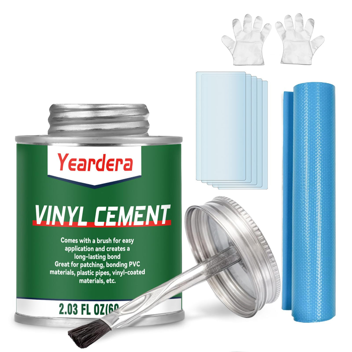 Yeardera vinyl cement bottle shown for durable, waterproof repairs on PVC surfaces.