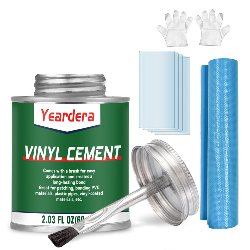 Yeardera vinyl cement bottle shown for durable, waterproof repairs on PVC surfaces.