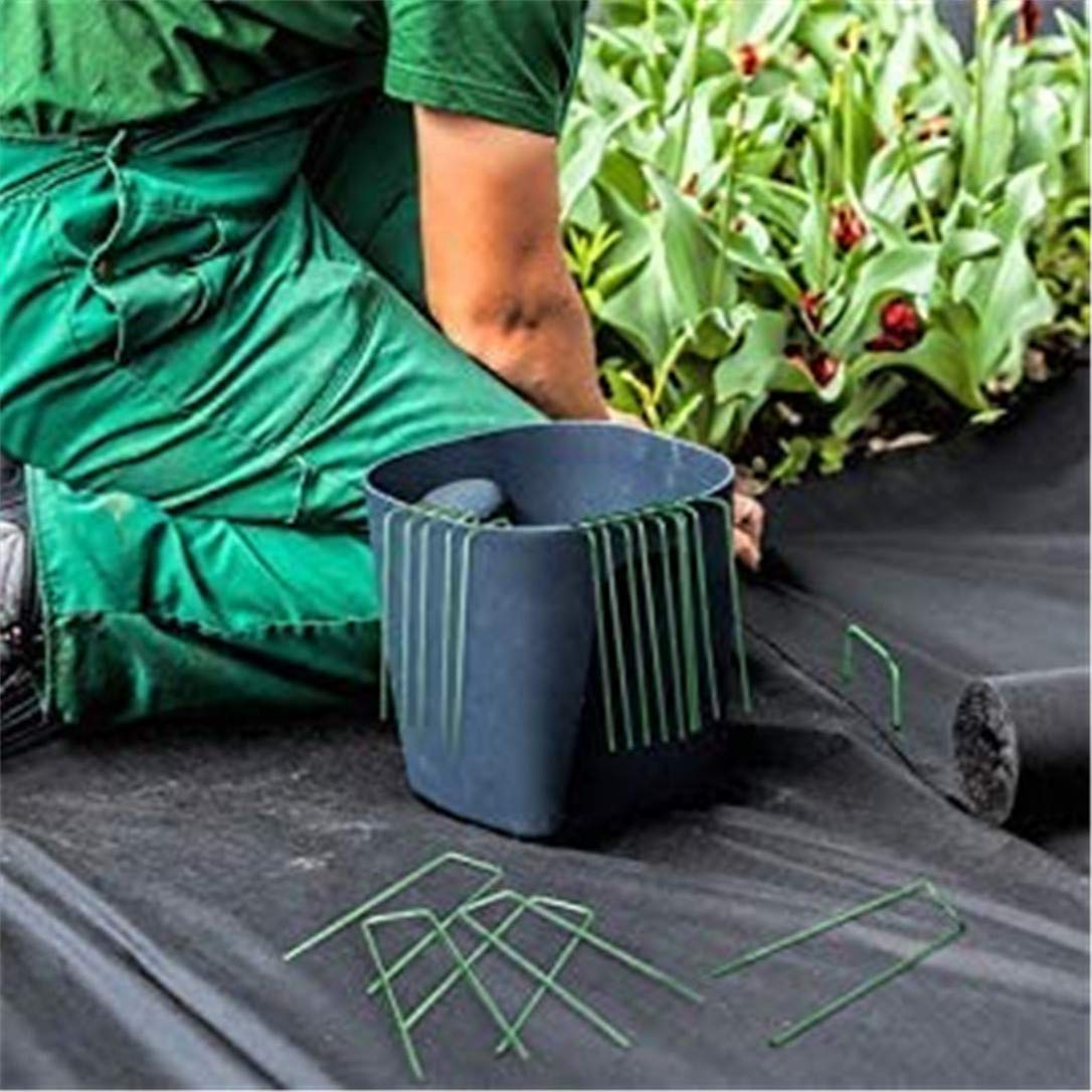 Yeasing ground staples provide sturdy anchoring for lawn fabric and mats.