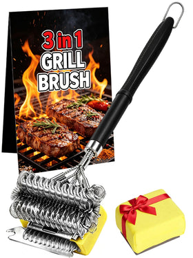 YEBLEM 3-in-1 grill brush-scraper in action for thorough cleaning.