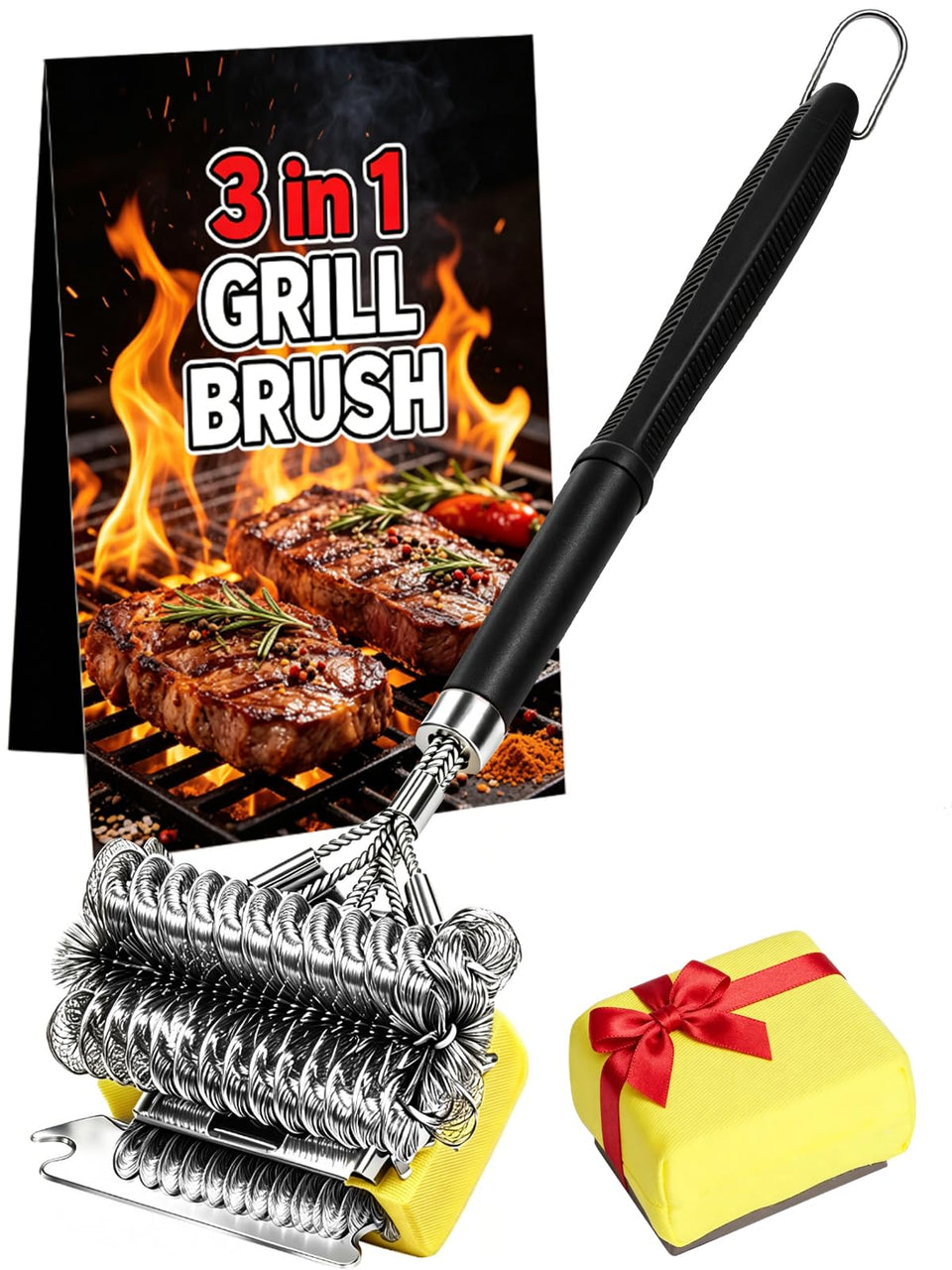 YEBLEM 3-in-1 grill brush-scraper in action for thorough cleaning.