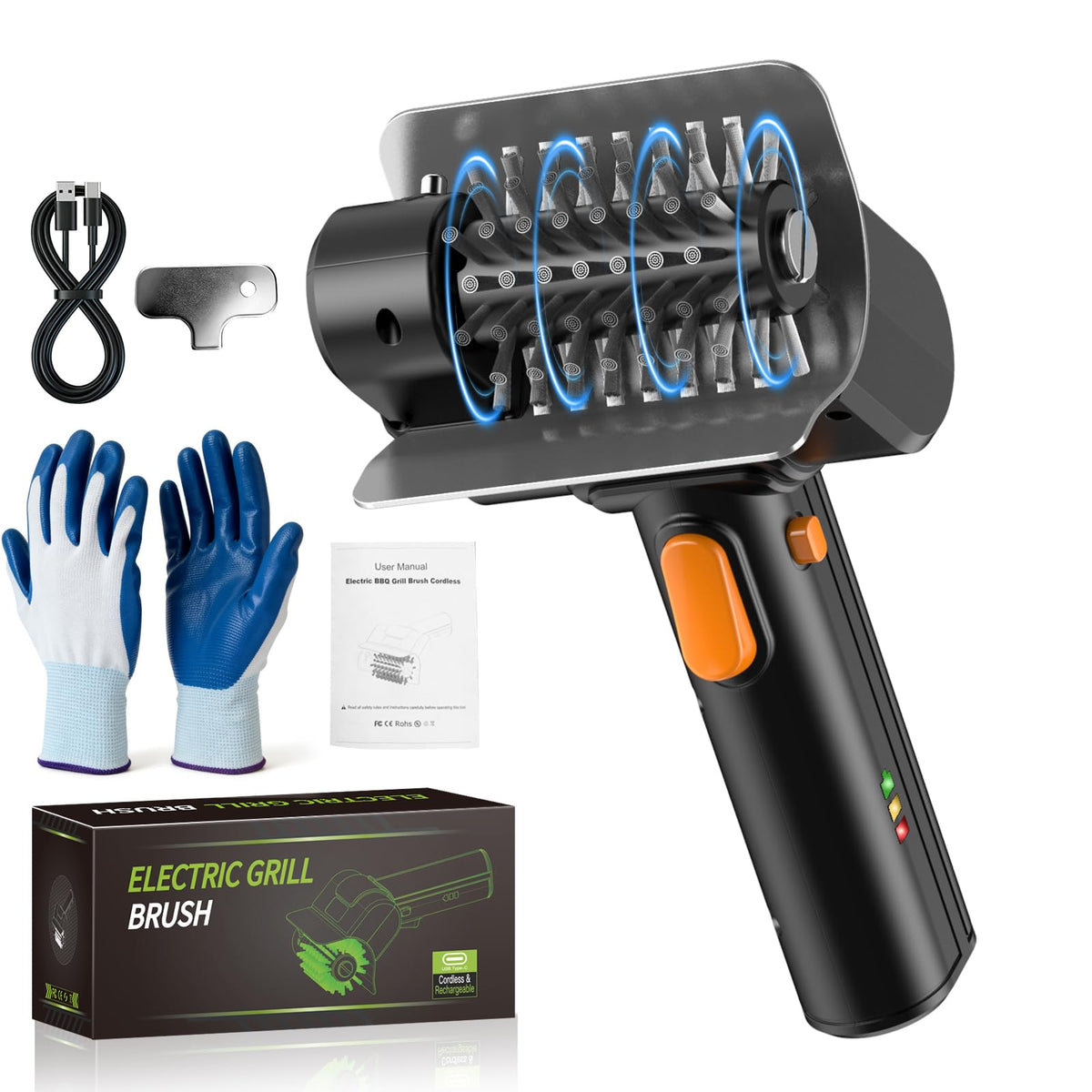 YEBLEM electric grill brush with dual safety lock prevents accidental starts during cleaning.