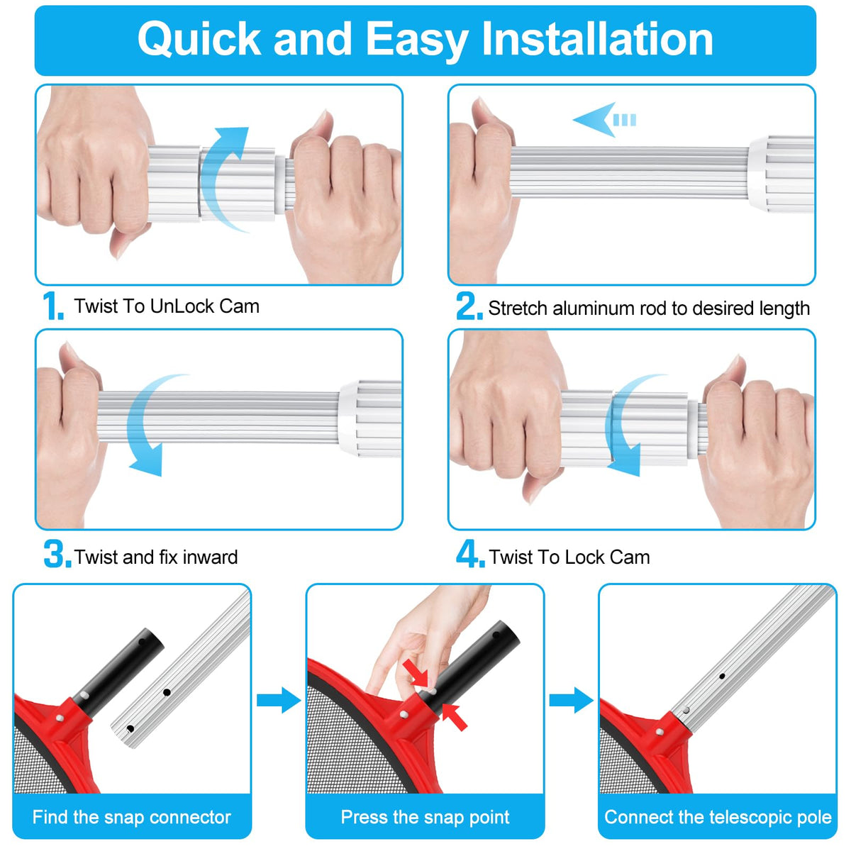 YEECHUN thickened 1.30mm aluminum pole resists bending for durability.