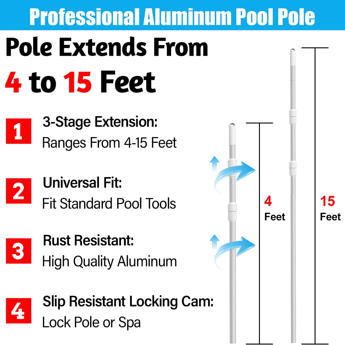 YEECHUN pool pole with slip-resistant locking cams keeps length secure during cleaning