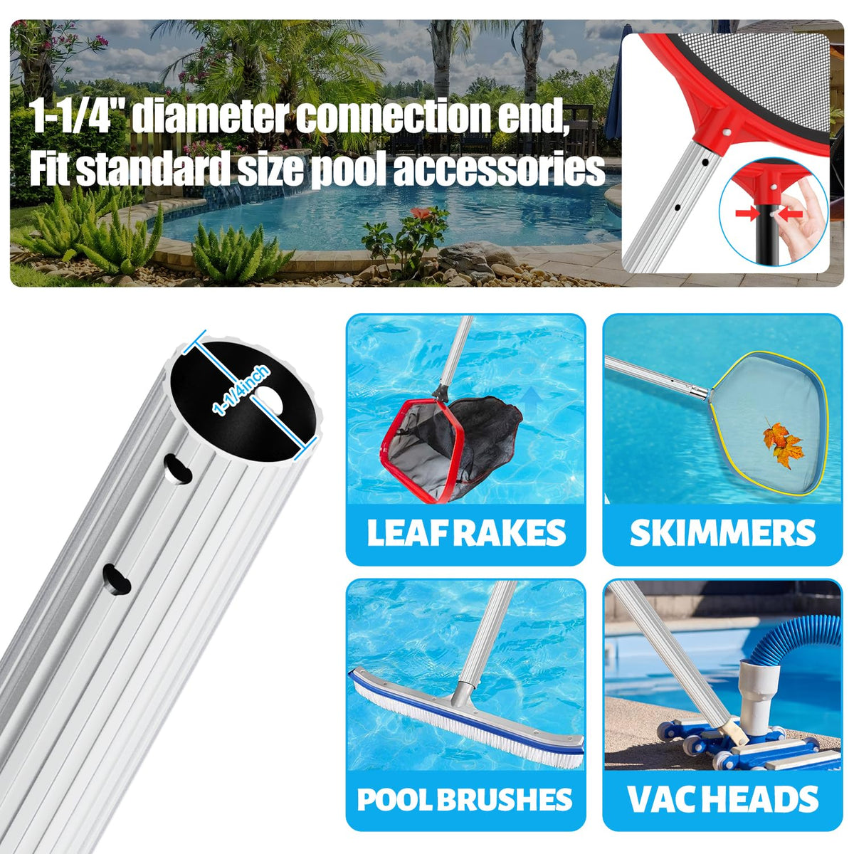 YEECHUN universal connection fits most pool accessories like nets and brushes