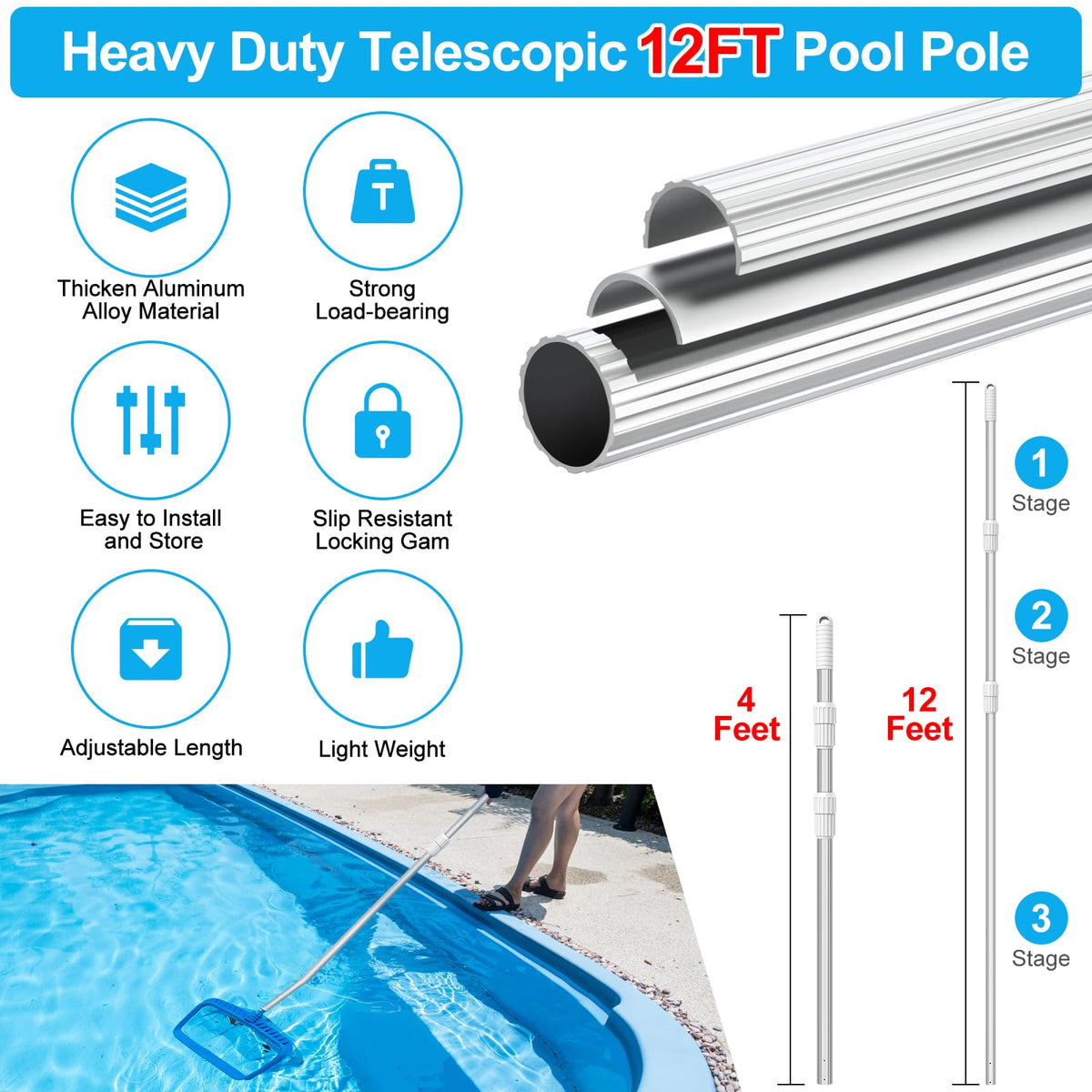 YEECHUN ribbed aluminum pole with anti-slip grip for secure handling.