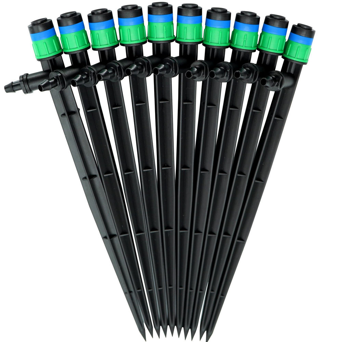 Yeedoox drip emitter with stake delivering 360° coverage for uniform irrigation.