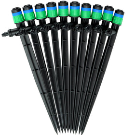 Yeedoox drip emitter with stake delivering 360° coverage for uniform irrigation.