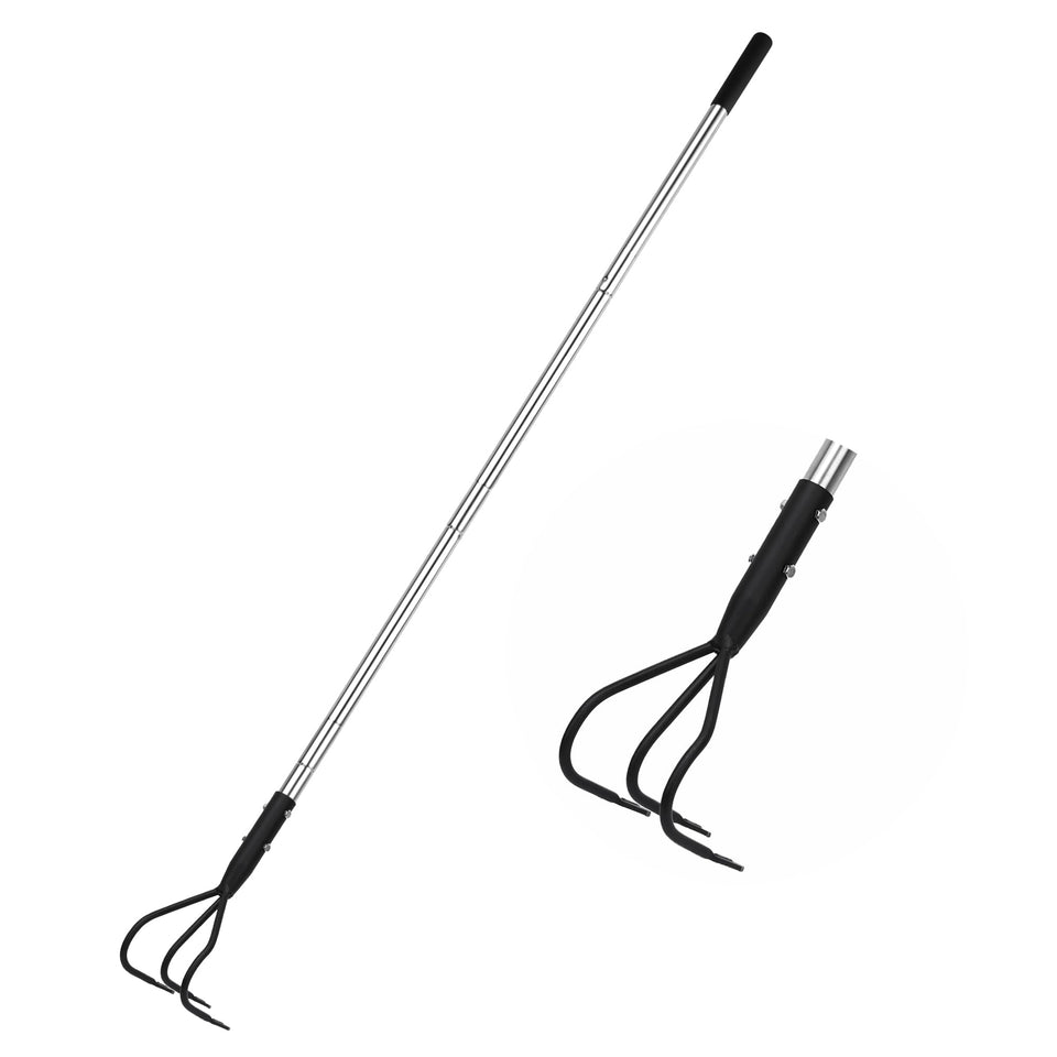 YEELOR 3-tine long-handle tiller close-up shows durable anti-rust steel
