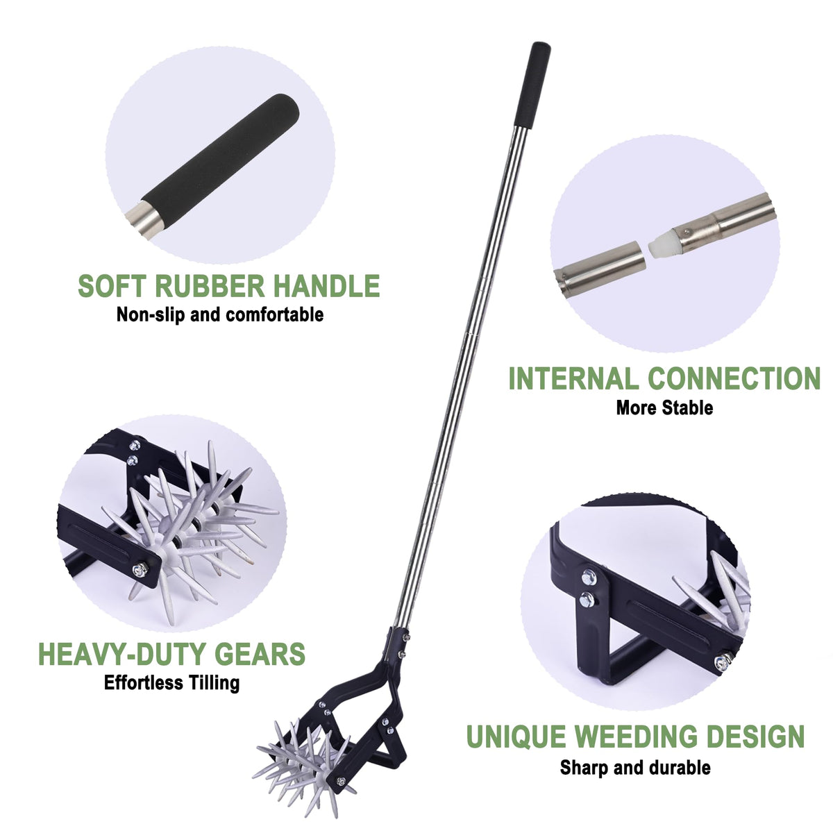 Adjustable 67-inch handle on YEELOR cultivator for different user heights