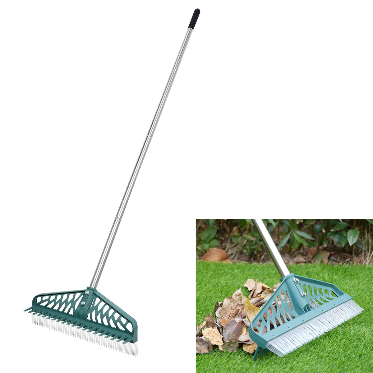 YEELOR artificial grass rake with double-sided design for fast debris removal on turf.