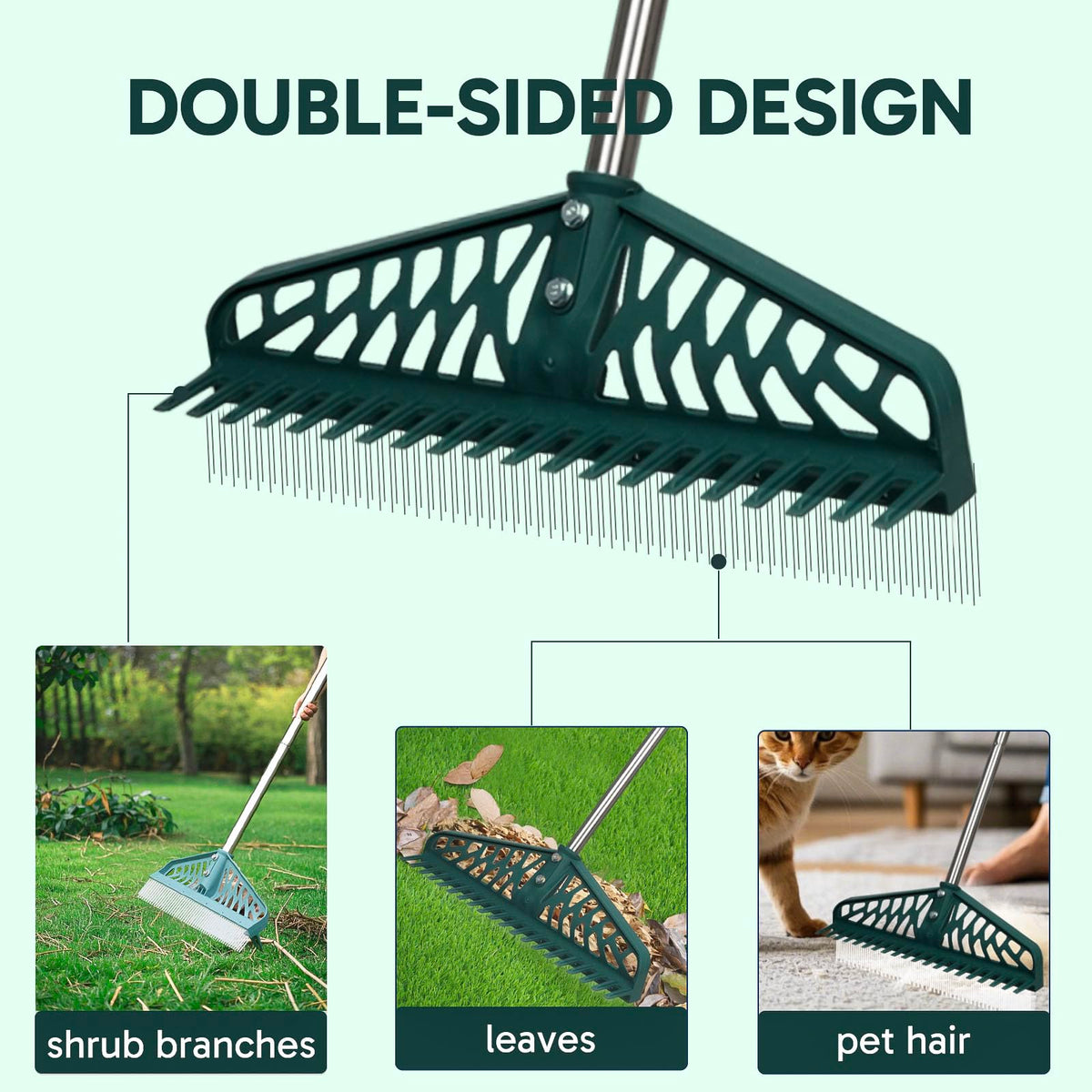 YEELOR rake showing fine teeth clearing leaves and pet hair from carpet.
