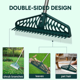 YEELOR rake showing fine teeth clearing leaves and pet hair from carpet.