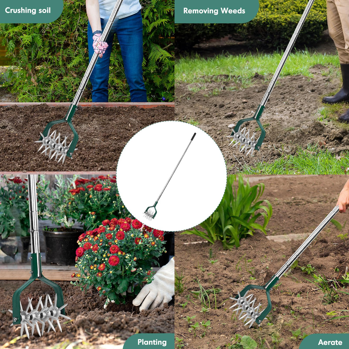 YEELOR garden tool in action for soil aeration and lawn care in tight spaces.