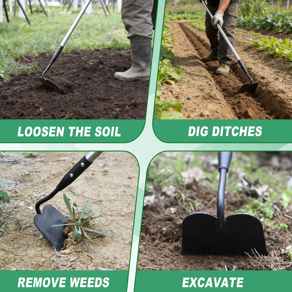 YEELOR multi-purpose garden tool handles digging, loosening, and neat furrow creation.