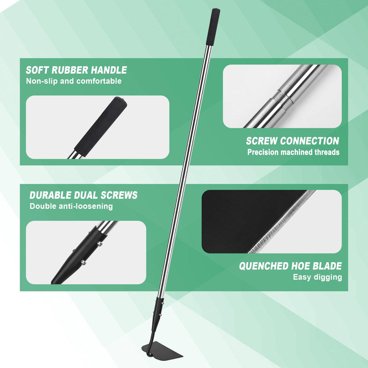 YEELOR garden hoe with stainless-steel handle for durable, rust-resistant use.