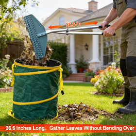 YEELOR Leaf Grabber with a 17-inch-wide head for faster pickup.