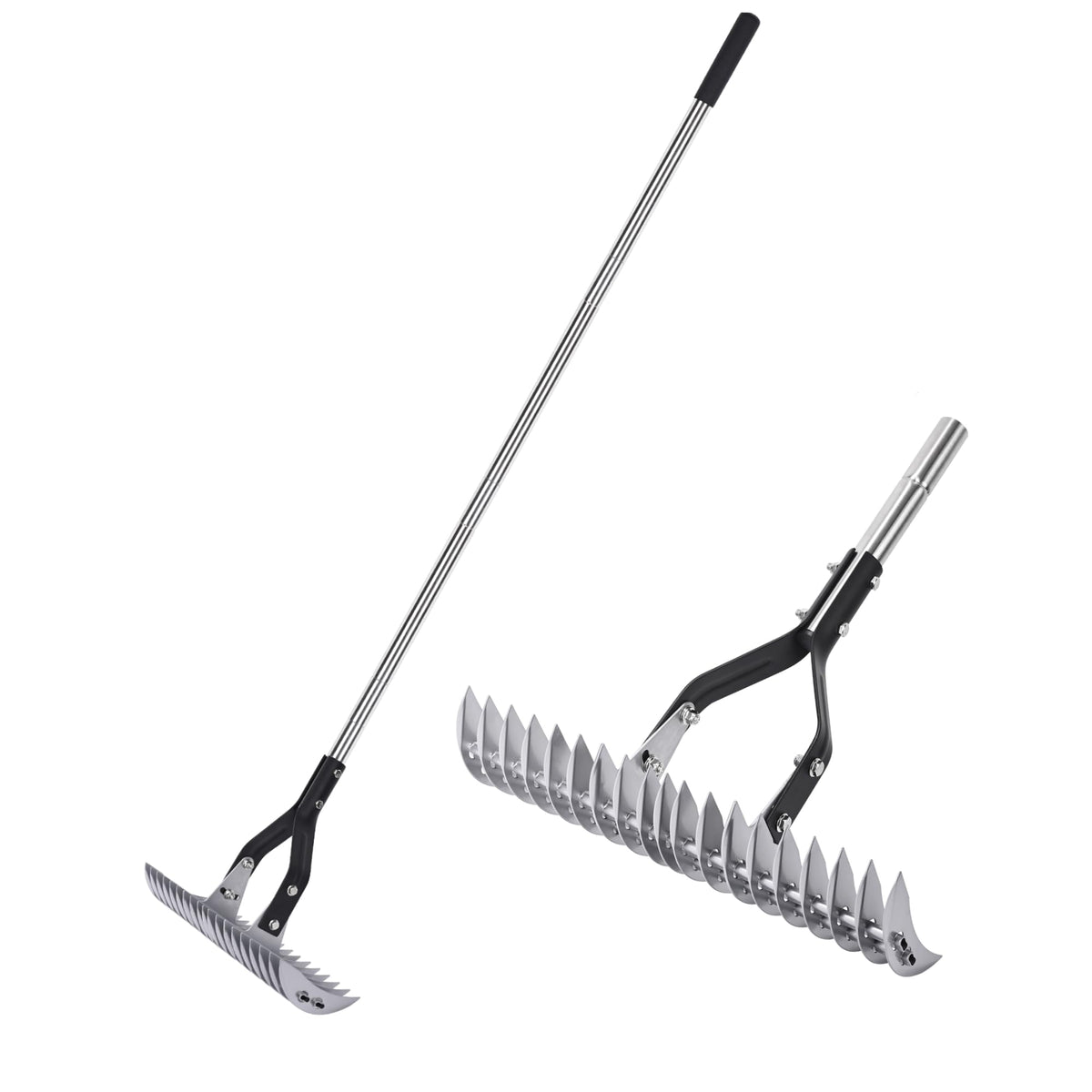 YEELOR Thatch Rake full view shows sturdy steel head in action for dethatching the lawn