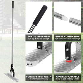 YEELOR Thatch Rake 58.5 inch handle closeup highlighting extended reach and low bending