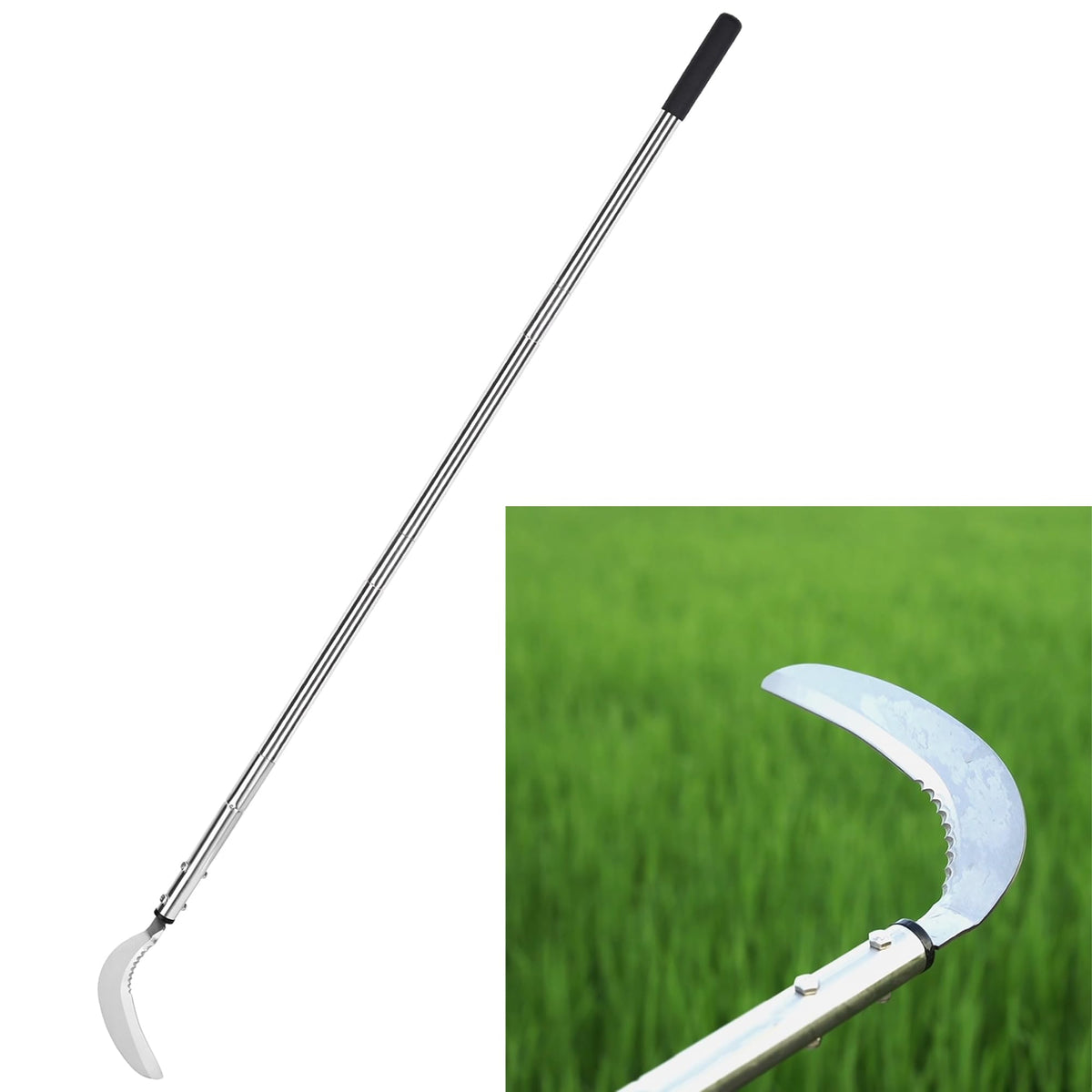 YEELOR Weeding Sickle with a 51-inch handle enables easy upright weed pruning.