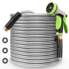 Yeenuo metal garden hose 100ft coiled neatly for storage and portability.