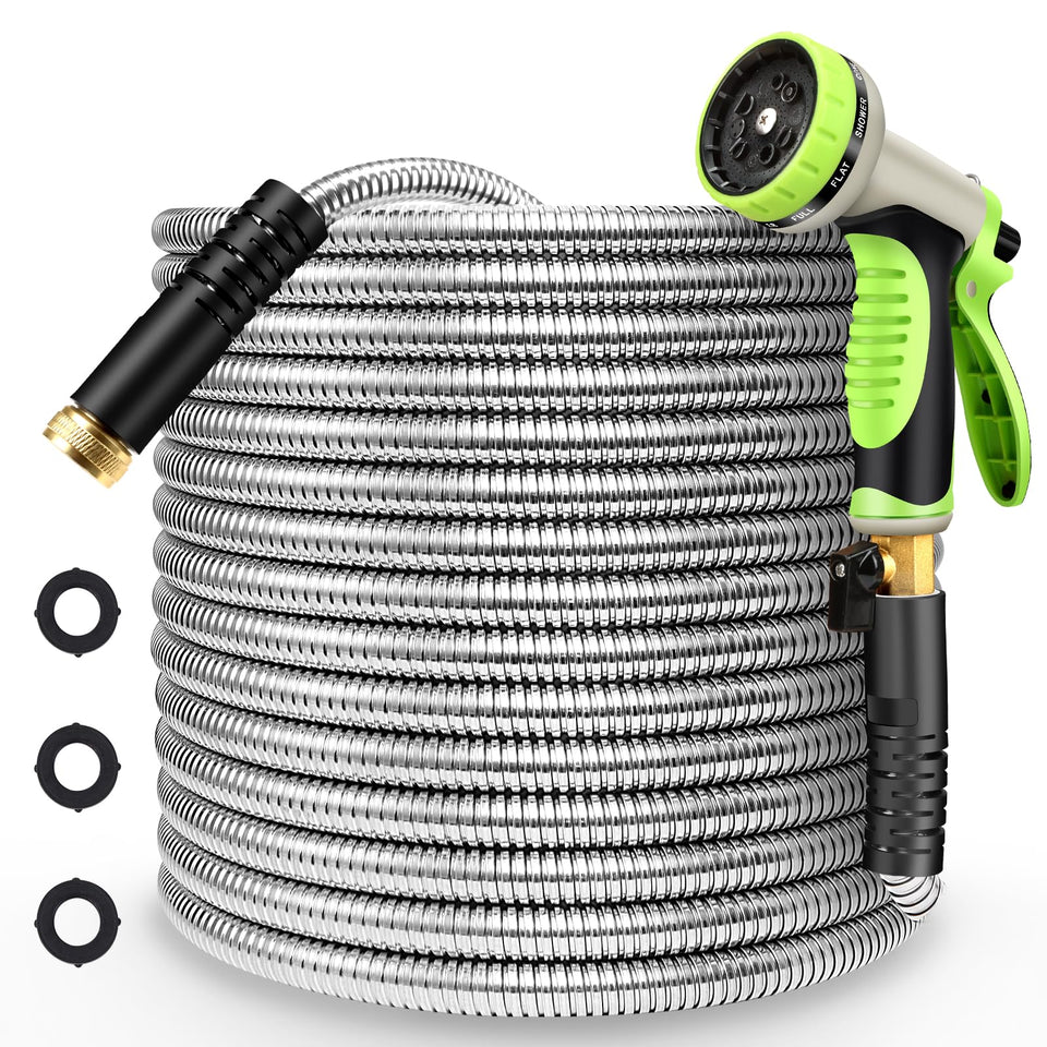 Yeenuo metal garden hose 100ft coiled neatly for storage and portability.