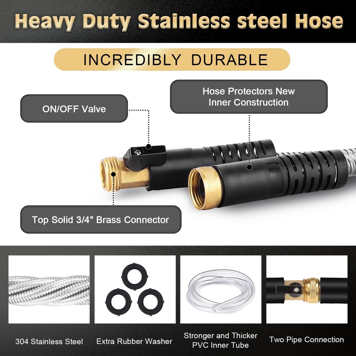 Yeenuo stainless steel hose extends reach while resisting kinks during watering.