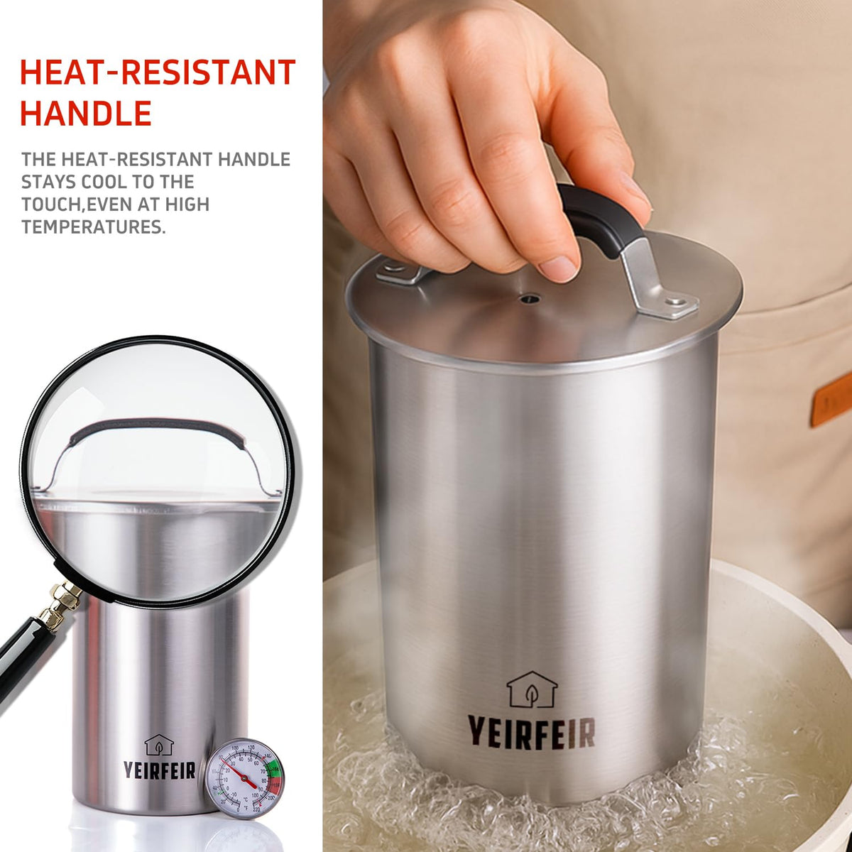 YEIRFEIR ham press cool-touch handle – safe and comfortable grip during pressing.