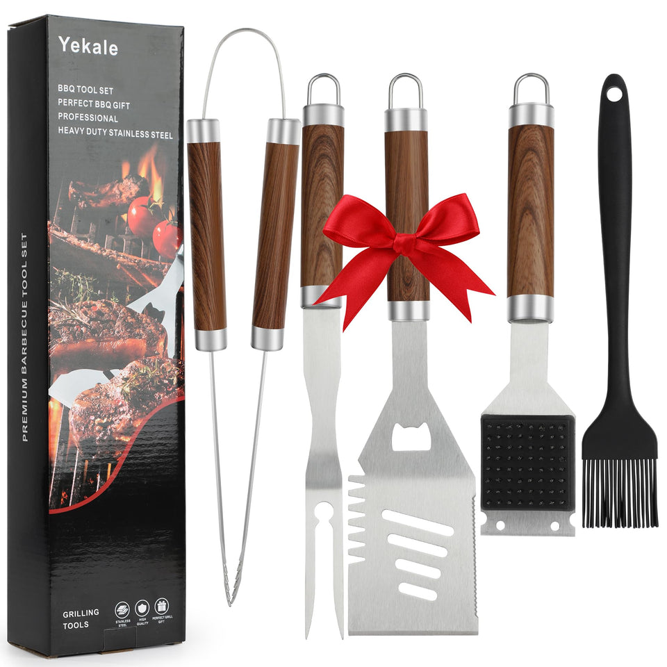 Yekale spatula with wood-grain handle for precise flipping on the grill.