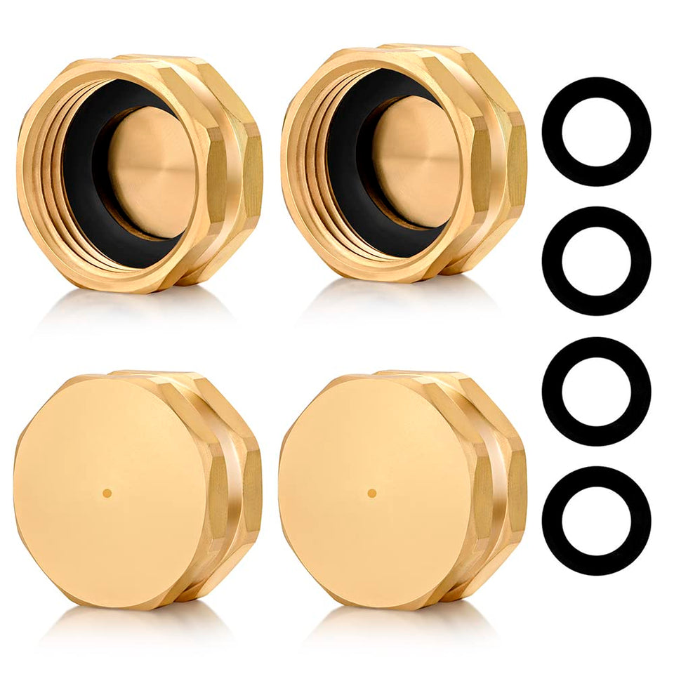 YELUN brass garden hose end cap with washer, showing sturdy rust-resistant construction.